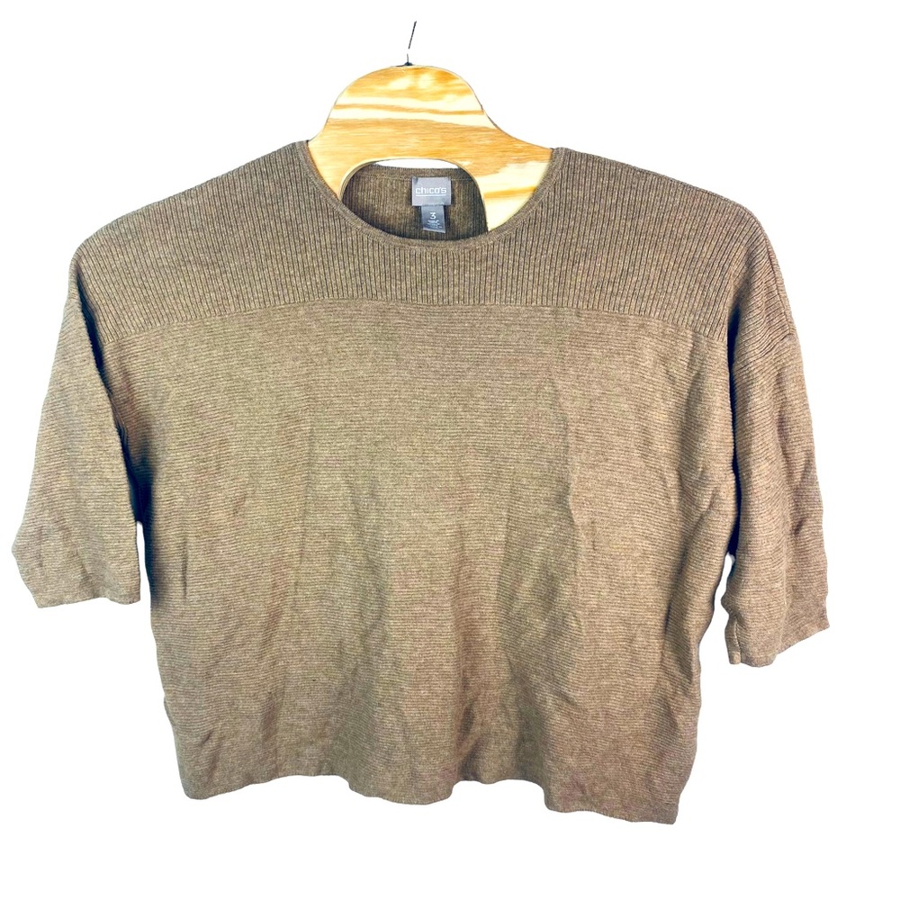 Chico's Women's Knit Sweater 3/4 Sleeve Round Neck Relaxed‎ Size 3 (Large) Brown